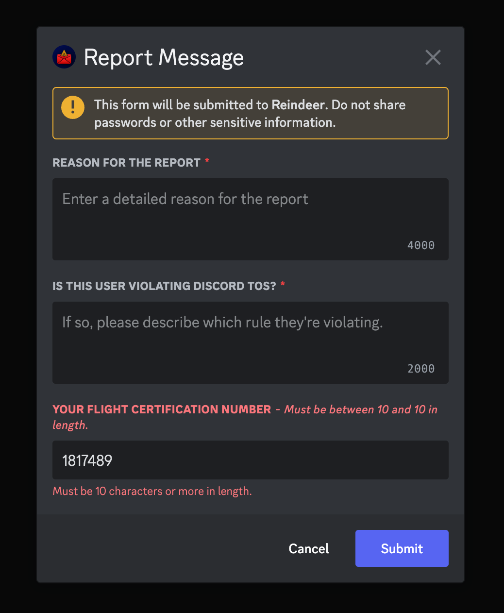 Example of a report modal